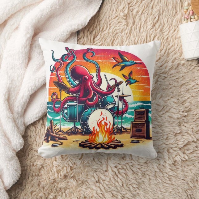 Octopus Playing Drums by the Beach at Sunset Cushion (Blanket)