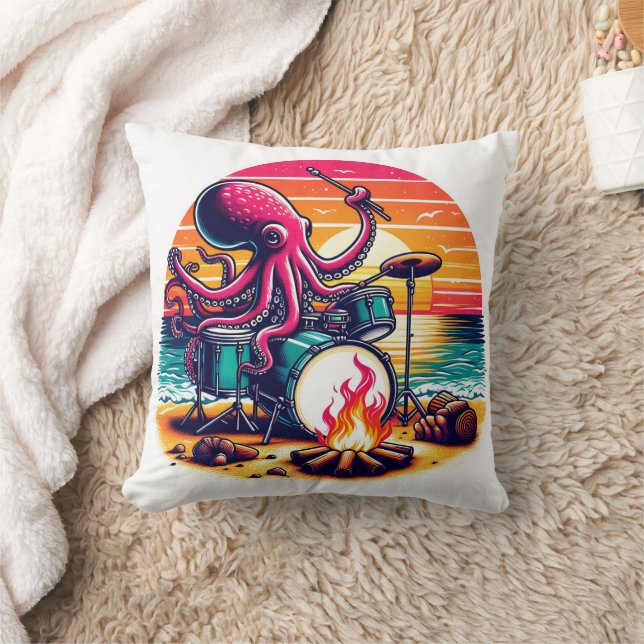 Octopus Playing Drums by the Beach at Sunset Cushion (Blanket)