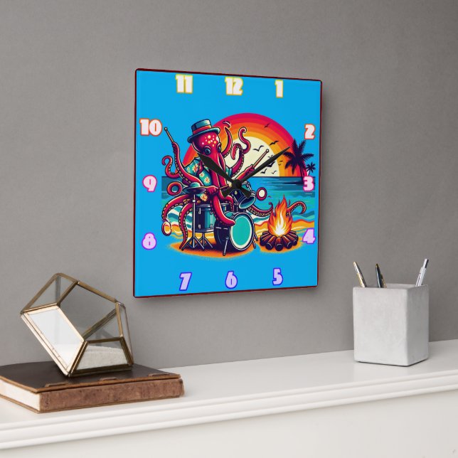 Octopus Playing Drums By The Beach At Sunset Square Wall Clock (Office)