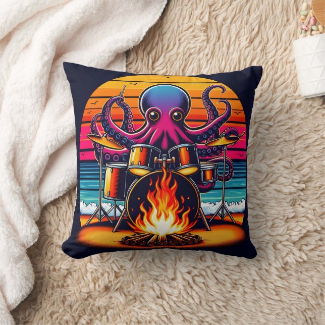 Octopus Playing Drums By The Campfire At Sunset Cushion (Blanket)