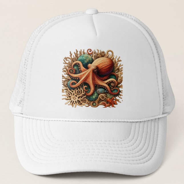 Octopus playing drums in the Ocean Trucker Hat (Front)
