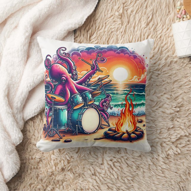 Octopus Playing Drums Near Campfire at Sunset Cushion (Blanket)