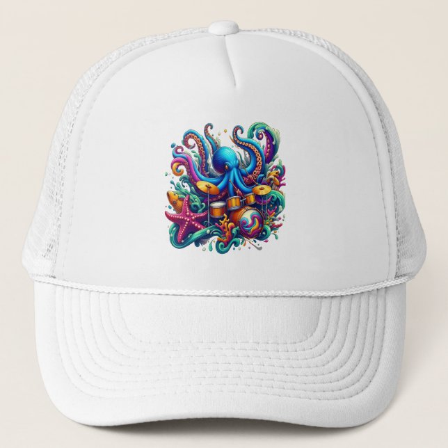 Octopus playing drums Percussive Sea Symphony  Trucker Hat (Front)