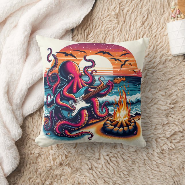 Octopus Playing Guitar by Beach Campfire at Sunset Cushion (Blanket)