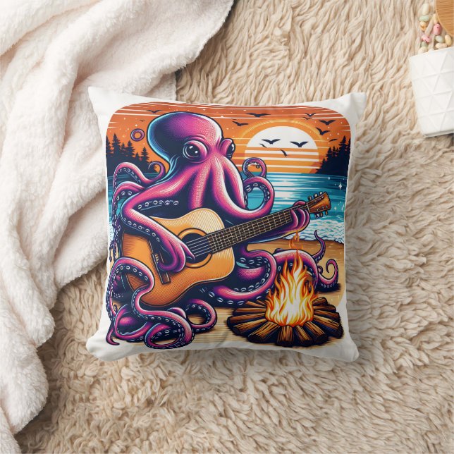 Octopus Playing Guitar by Campfire at Sunset Cushion (Blanket)