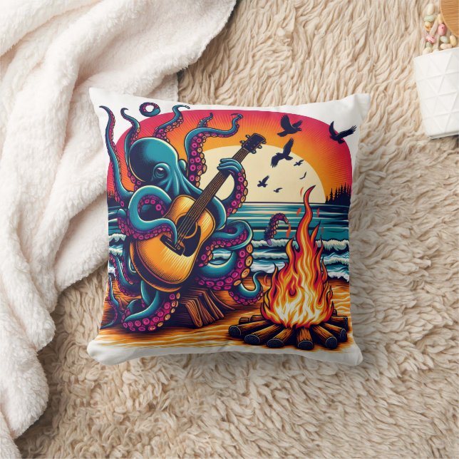 Octopus Playing Guitar by Campfire at Sunset Cushion (Blanket)