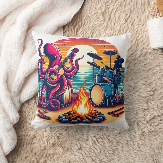 Octopus Playing Guitar Near Campfire at Sunset Cushion (Blanket)