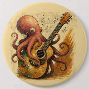 Octopus Playing Guitar Vintage Music Art 6 Cm Round Badge