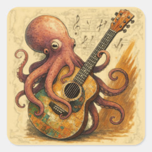 Octopus Playing Guitar Vintage Music Art Square Sticker