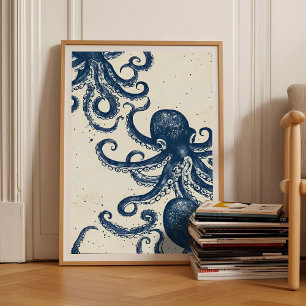 Octopus Print Linocut Vintage Poster Retro Octopus