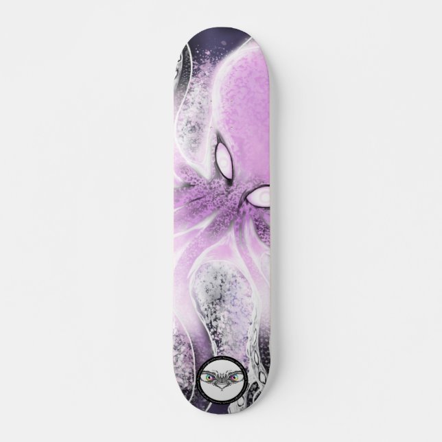 Octopus purple pink white splatters dark water skateboard (Front)