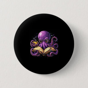 Octopus reading book coffee lover bookish caffeine 6 cm round badge