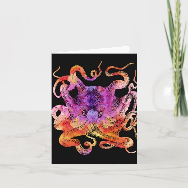 Octopus Retro Tie Dye Colourful Rainbow Watercolor Note Card (Front)