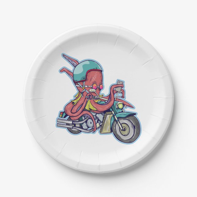 Octopus riding a motorcycle paper plate (Front)