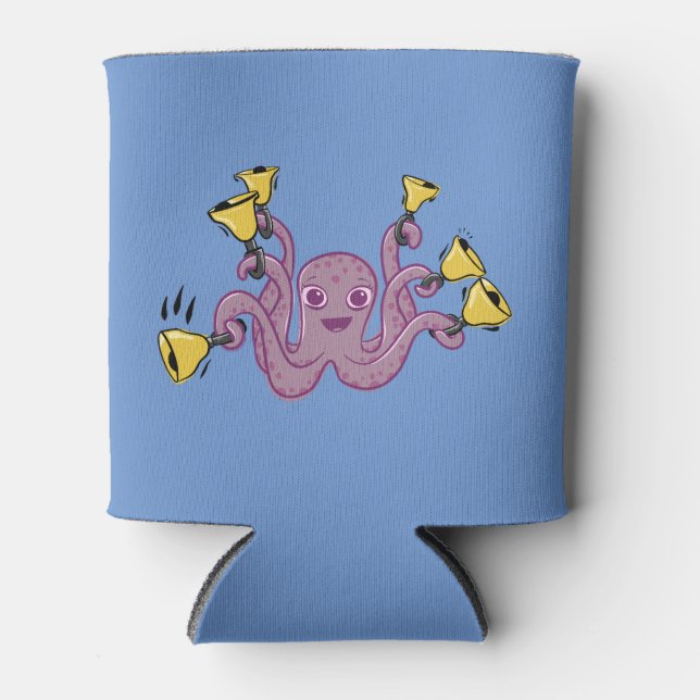 Octopus Ringing Handbells Cartoon Can Cooler (Front)
