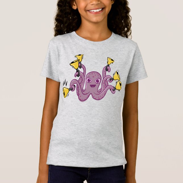 Octopus Ringing Handbells Cartoon T-Shirt (Front)