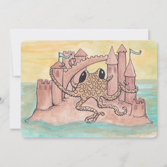 Octopus & Sandcastle Birthday Invitation (Front)