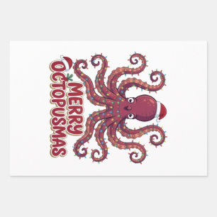 Octopus Santa Hat Christmas Lights Octopusmas Wrapping Paper Sheet