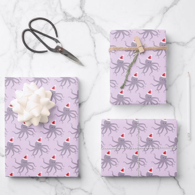 Octopus Santa Hat Purple Holiday Animal Christmas Wrapping Paper Sheet (Front)