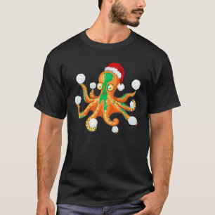 Octopus Santa Hat Snowball Fight Christmas Kids T-Shirt
