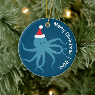 Octopus Santa Merry Christmas Ceramic Tree Decoration