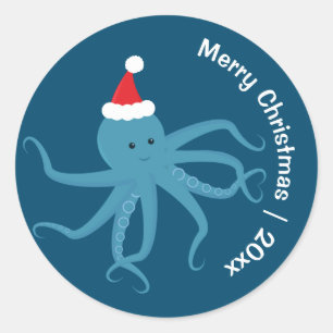 Octopus Santa Merry Christmas Classic Round Sticker