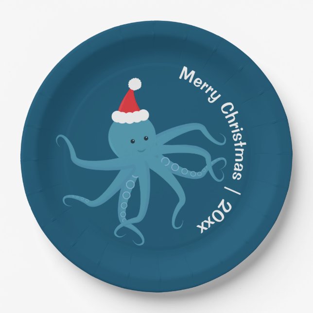 Octopus Santa Merry Christmas Paper Plate (Front)