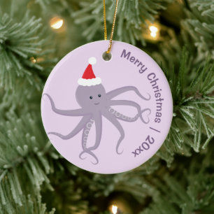 Octopus Santa Purple Merry Christmas Ceramic Tree Decoration