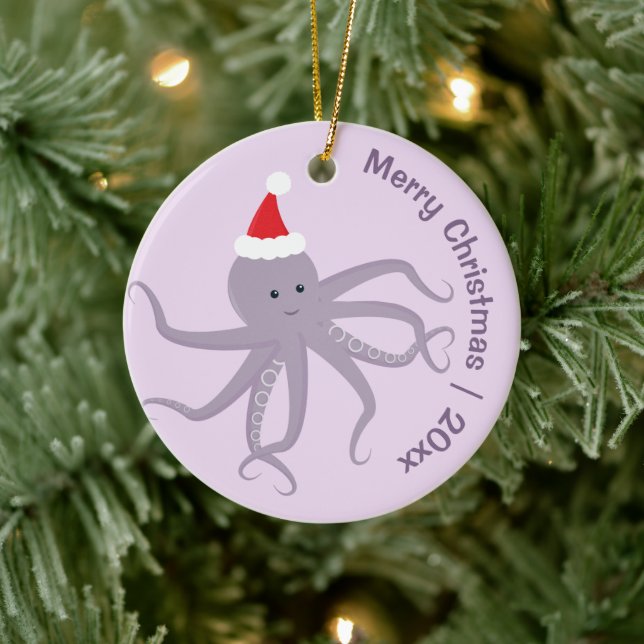 Octopus Santa Purple Merry Christmas Ceramic Tree Decoration (Tree)