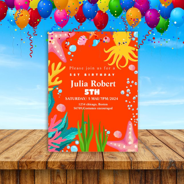 octopus Sea Animals orange birthday invitation (Creator Uploaded)