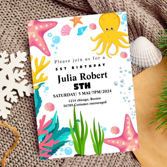 octopus Sea Animals watercolor birthday invitation (Creator Uploaded)