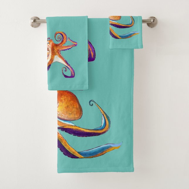 Octopus sealife watercolor art bath towel set (Insitu)
