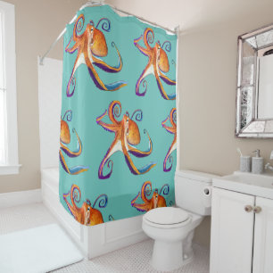 Octopus sealife watercolor art shower curtain