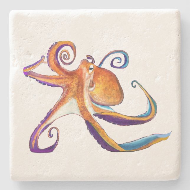 Octopus sealife watercolor art stone coaster (Front)