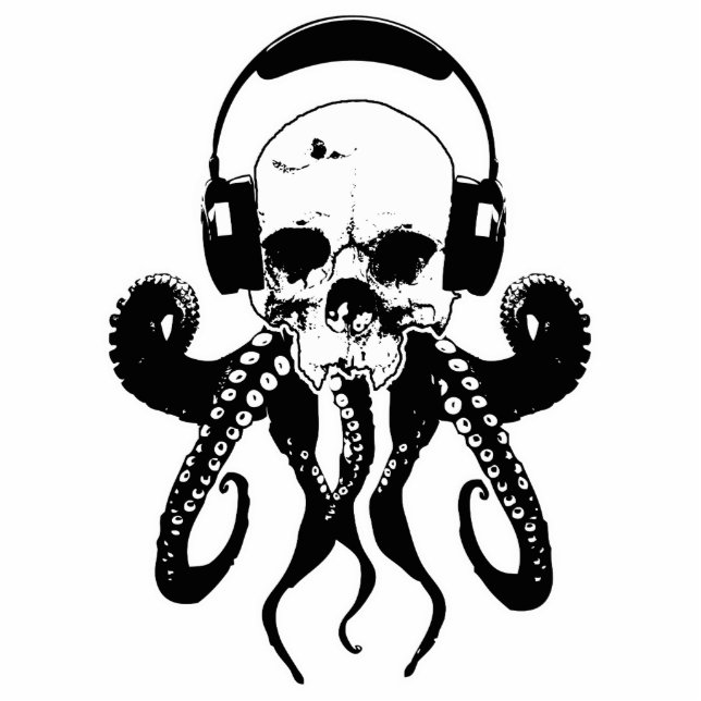 Octopus Skull DJ with Headphones Gothic Art Standing Photo Sculpture (Front)