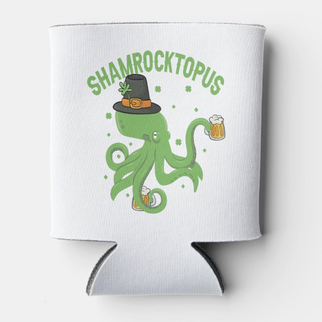 Octopus St Patricks Day Shamrocktopus Leprechaun Can Cooler (Front)
