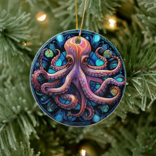 Octopus Stained Glass Ceramic Tree Decoration (Tree)