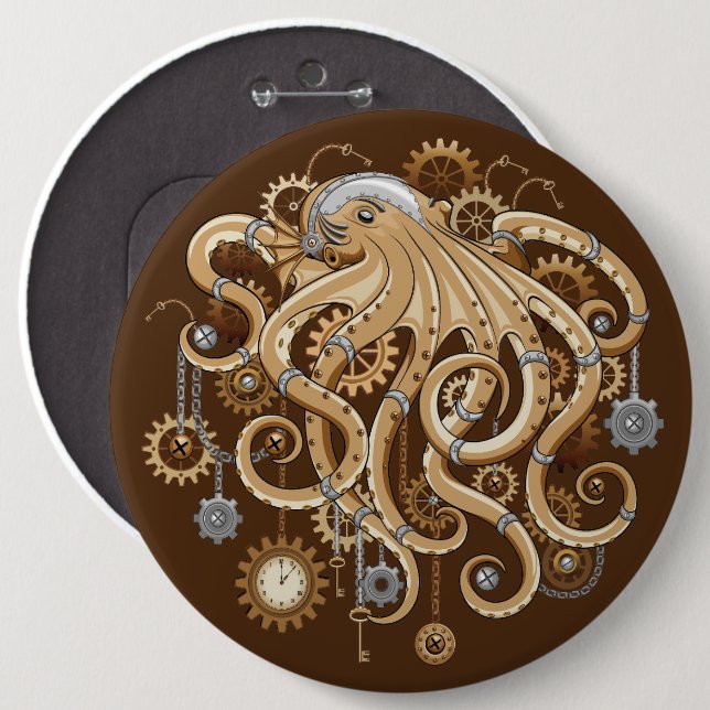 Octopus Steampunk Retro Mechanical Fantasy 6 Cm Round Badge (Front & Back)