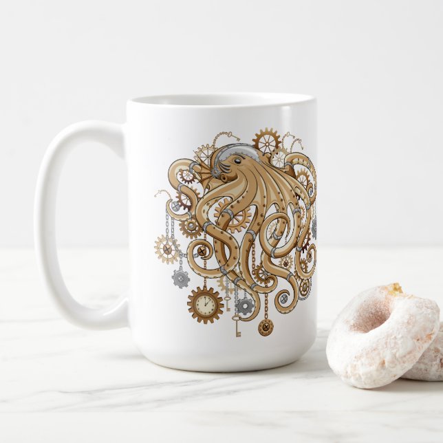 Octopus Steampunk Retro Mechanical Fantasy Coffee Mug (With Donut)