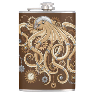 Octopus Steampunk Retro Mechanical Fantasy Hip Flask