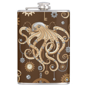 Octopus Steampunk Retro Mechanical Fantasy Hip Flask