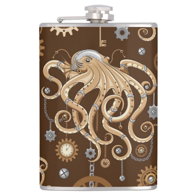 Octopus Steampunk Retro Mechanical Fantasy Hip Flask (Front)