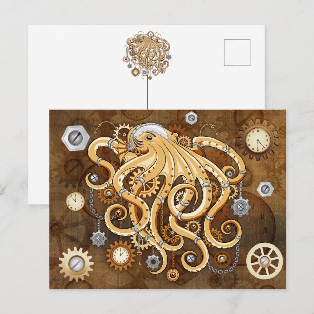 Octopus Steampunk Retro Mechanical Fantasy Holiday Postcard (Front/Back)