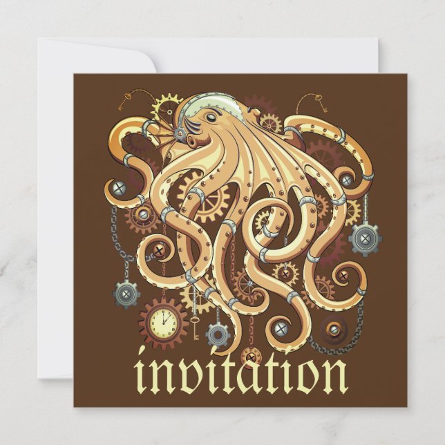 Octopus Steampunk Retro Mechanical Fantasy Invitation (Front)