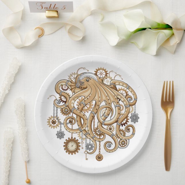 Octopus Steampunk Retro Mechanical Fantasy Paper Plate (Wedding)