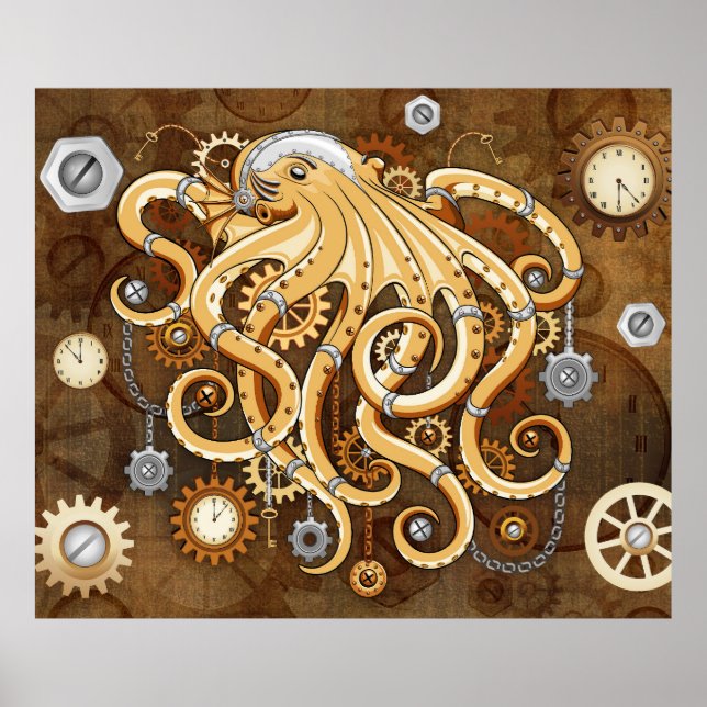 Octopus Steampunk Retro Mechanical Fantasy Poster (Front)