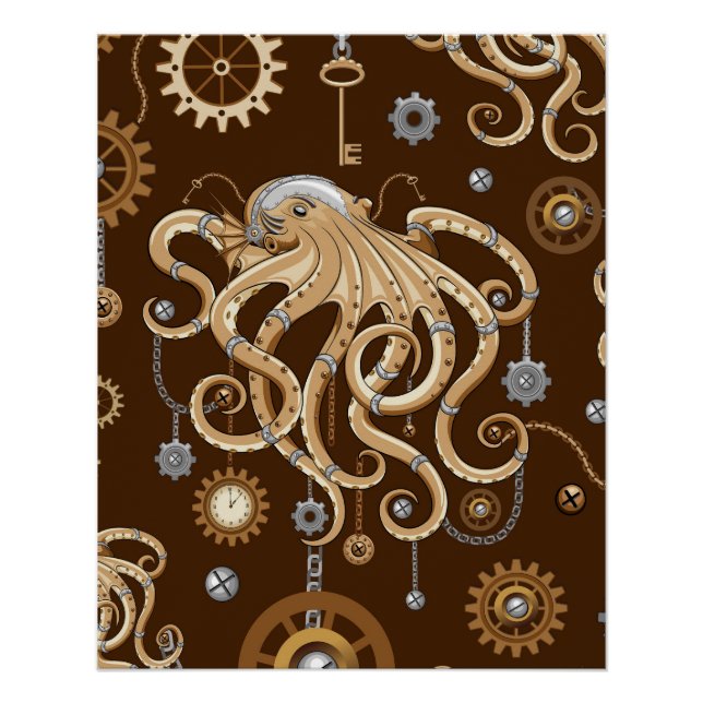 Octopus Steampunk Retro Mechanical Fantasy Poster (Front)