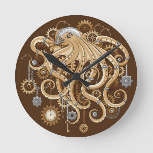 Octopus Steampunk Retro Mechanical Fantasy Round Clock