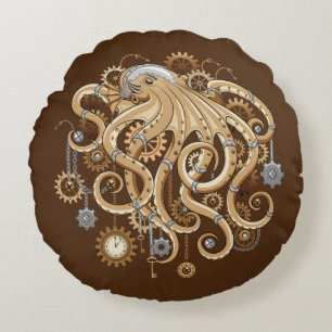 Octopus Steampunk Retro Mechanical Fantasy Round Cushion