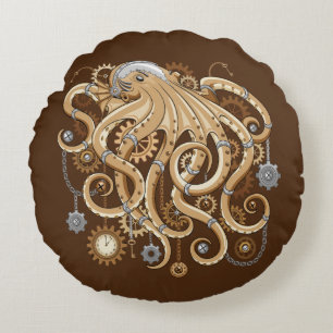 Octopus Steampunk Retro Mechanical Fantasy Round Cushion
